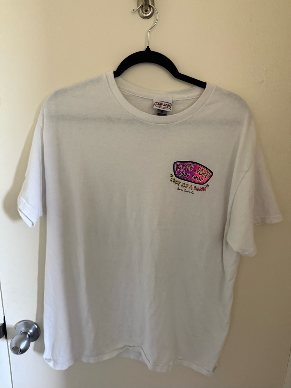 Ron Jon White Tee with Pink & Yellow Surf Logo